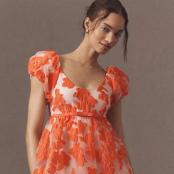 NWT By Anthropologie Puff-Sleeve Scoop-Neck Babydoll Mini Dress Sz L - Picture 4 of 14